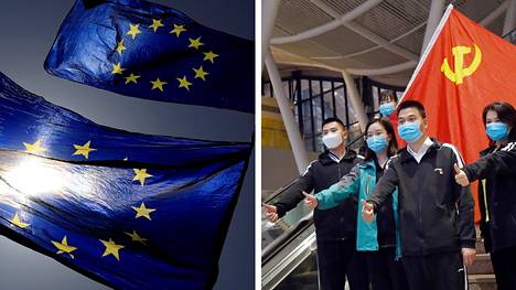 EU:n ulkosuhdehallinnon strategisen viestinnän yksikön julkaisua muutettiin. Kiinalaiset terveydenhuollon työntekijät poseerasivat Kiinan kommunistisen puolueen lipun edessä Wuhanissa maaliskuussa.