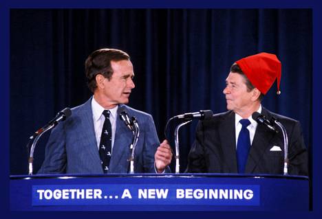 Ronald Reagan (oik.) voitti George H.W. Bushin republikaanien esivaalissa ennen vuoden 1980 presidentinvaaleja. Sittemmin Reagan otti Bushin varapresidentikseen, vaikka tämä oli kutsunut Reaganin talousnäkemyksiä voodooksi. Presidenttinä Reagan noudatti kahden joulupukin strategiaa. Kuvaa on käsitelty.