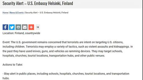 Yhdysvaltain lähetystö julkaisi kansalaisilleen varoituksen terrorin uhasta Suomessa – Supon mukaan mikään ei viittaa uhka­tason nousuun