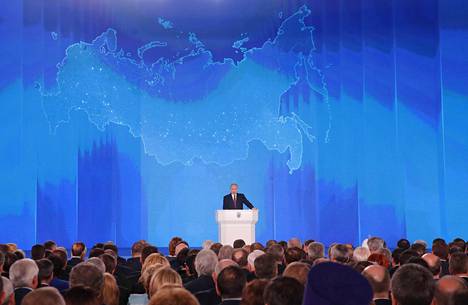 Venäjän presidentti Vladimir Putin piti linjapuheen torstaina Moskovassa.