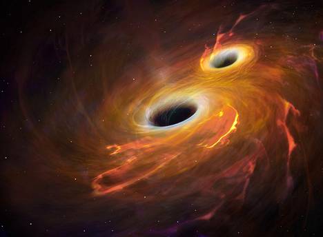 Taiteilijan näkemys kahdesta mustasta aukosta, jotka kiertyvät yhteen ja muodostavat yhden suuremman mustan aukon. Näitä tapahtumia havaitaan gravitaatioaalloilla.
