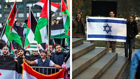 Vasemmalla palestiinalaisia tukeva mielenosoitus Helsingissä viime lokakuussa. Oikealla vastamielenosoittajia Palestiina-mielenosoituksessa marraskuussa Helsingissä.