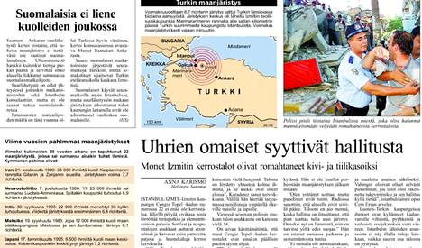 Näin Helsingin Sanomat kertoi Izmitin järistyksestä 18. elokuuta 1999.