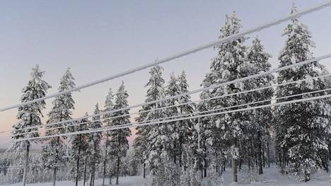 Lumisia voimalinjoja ja puita pakkaspäivänä Kommattivaarassa Sodankylässä vuonna 2018.