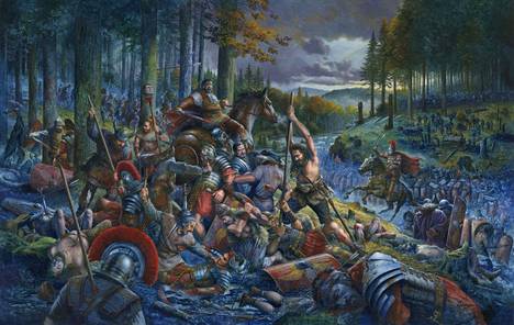 Taiteilijan näkemys Teutoburgin metsän taistelusta, jossa germaaniheimot tuhosivat vuonna 9 roomalaisen armeijan. Teutoburgin metsä on metsäinen kukkula-alue nykyisessä Saksassa.