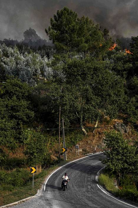 Moottoripyöräilijä ajoi savuavassa metsämaisemassa Pohjois-Portugalissa.