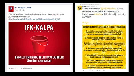 Kuvakaappaukset HIFK:n Facebook- ja KalPan Twitter-päivityksistä, joissa mainostetaan tiistaina pelattavaa liigamatsia.