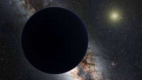 Taiteilijan näkemys yhdeksännestä planeetasta, joka mahdollisesti lymyää aurinkokunnan laidalla. Kuvaan on piirretty Neptunuksen rata Auringon ympäri.