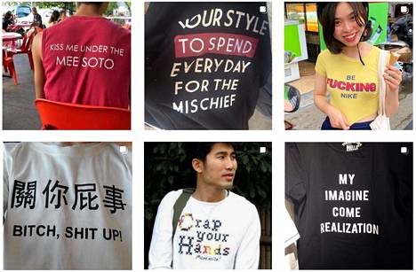 Käännösvirhe-t-paitoja esittelevät Instagram-tilit ovat löytäneet materiaalia erityisesti Kiinasta ja Vietnamista.