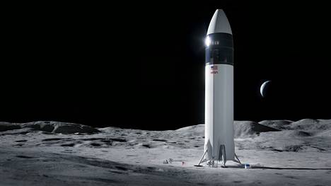 Kuuhun laskeutuu näillä näkymin joulukuussa 2025 avaruusyhtiö SpaceX:n räätälöity alus. Kaksi astronauttia taiteilijan tekemässä kuvassa aluksen juurella. 
