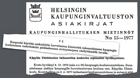 Helsingin kaupunginvaltuuston asiakirja, kaupunginhallituksen mietintö Käpylän yhteiskoulusta vuonna 1977.