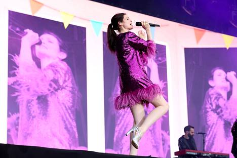 Sophie Ellis-Bextor appeared on the main stage on Thursday in a purple glitter dress from a dance magazine and metallic high heels.