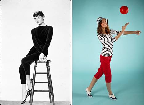 Actress Audrey Hepburn (left) already wore capris in the 1950s.  In the picture on the right, capri fashion in Ilta-Sanom in 2006.