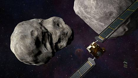 Asteroidin kuuhun iskeytyvä Dart-alus Nasan julkaisemassa kuvituksessa.
