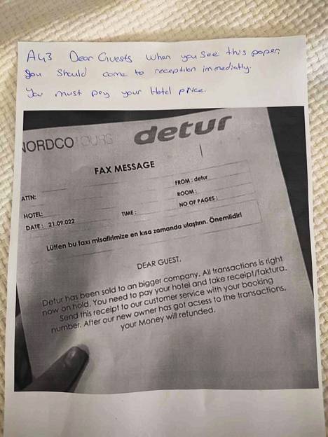 Matkatoimisto Deturin asiakkaat ovat saaneet Alanyan hotelleissa lappuja, joissa heidät on kehotettu maksamaan hotelliyöpymisensä, vaikka matka on jo maksettu Deturille.