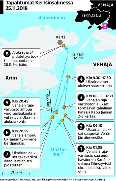 Bellingcatin selvitys: Venäjän rajavartiosto tulitti Kertšinsalmesta  paenneita Ukrainan aluksia kansainvälisillä vesillä – Kartta näyttää, miten  välikohtaus eteni - Ulkomaat 