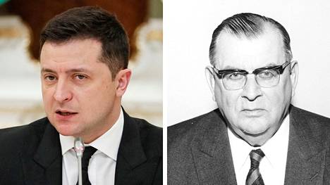 Ukrainan presidentti Volodymyr Zelenskyi ja Suomen vuosien 1938–1939 ulkoministeri Eljas Erkko. Arkistokuva on Erkon myöhemmiltä vuosilta.