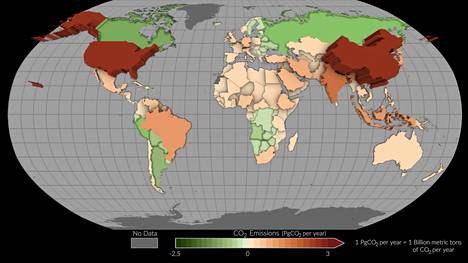 Nasan kartassa maat on merkitty vihreällä, jos vuosien 2015 ja 2020 välillä valtion alueella on sitoutunut enemmän hiilidioksidia kuin sitä on päässyt ilmaan. Kuva perustuu uudenlaisiin satelliittimittauksiin ja niistä tehtyihin laskelmiin.