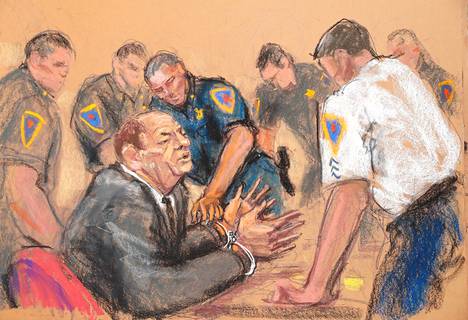 Oikeussalitaitelijan piirros Harvey Weinsteinista oikeudessa New Yorkissa maanantaina.