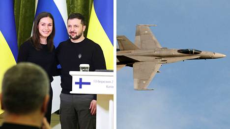 Pääministeri Sanna Marin tapasi Kiovassa Ukrainan presidentin Volodymyr Zelenskyin. Oikealla F/A-18C Hornet. 