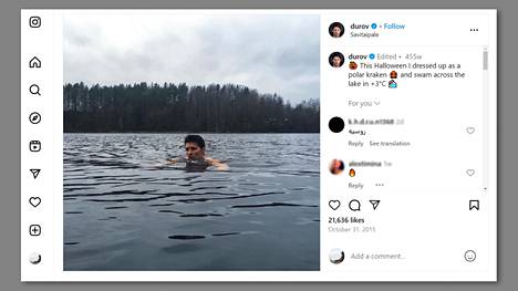 Screenshot from Pavel Durov's Instagram account, where in October 2015 he posted a picture of his icy swimming trip at Savitaipale.