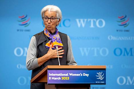 Euroopan keskuspankin pääjohtaja Christine Lagarde Maailman kauppajärjestö WTO:n tilaisuudessa keskiviikkona. 