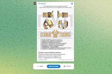 Kuvakaappaus Telegram-viestipalvelusta näyttää Putinin jakamat sormukset. 