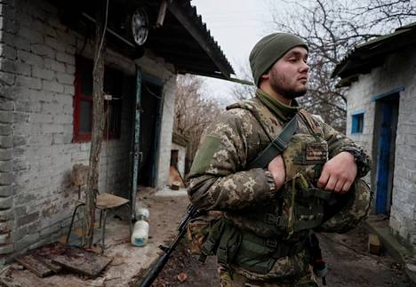 Ukrainian soldier on the front line in the Donetsk region near the village of Tarvneven on December 15.