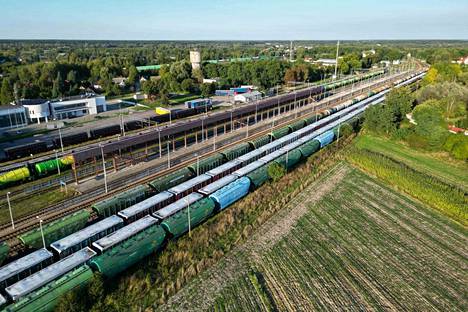 Train wagons filled with Ukrainian grain near the Ukrainian-Polish border in the Polish village of Dorohusk on Wednesday.