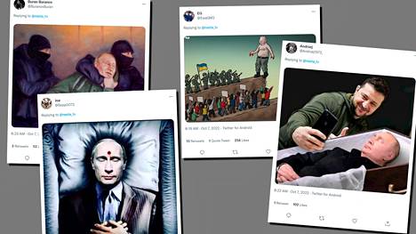 Venäjän Putinin kuolemaa tai pidättämistä toivovat kuvat leviävät tehokkaasti sosiaalisen median kanavissa. Kuvat on poimittu Nexta-julkaisun perjantaina käynnistämästä keskusteluketjusta.