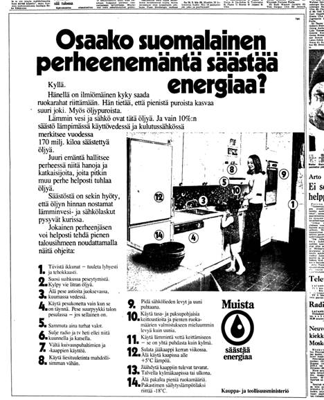 Kauppa- ja teollisuusministeriö oli ostanut mainospaikan Helsingin Sanomista valistaakseen kansalaisia energiansäästötalkoissa 23. helmikuuta 1974.