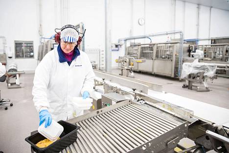 Etelä-Koreaan vietävä broilerin liha tulee HK Scanin Rauman-tehtaalta. Tehtaan työntekijä Sari Tuominen oli työnsä ääressä vuonna 2018.