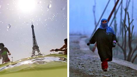 Lämpötilat ovat vaihdelleet rajusti eri puolilla maailmaa. Ensimmäisessä kuvassa ihmiset uivat Trocadero-lähteessä Eiffel-tornin juurella Pariisin helteissä heinäkuussa. Toisen kuvan nainen käveli torstaina kylmässä aamusäässä Srinagarin kaupungissa Intiassa.