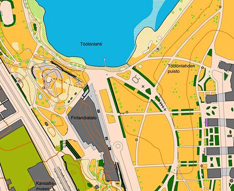 Finlandia-talon ympäristö näyttää suunnistuskartalla tältä. Kuva ei ole kartan mittakaavassa 1:4000.