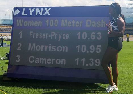 Shelly-Ann Fraser-Pryce nousi lauantaina maailman kaikkien aikojen tilaston kakkoseksi naisten 100 metrillä. Hänen aikansa 10,63 on historian neljänneksi paras.