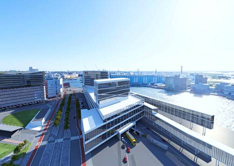 Havainnekuva näyttää, miltä Länsisataman uusi terminaali voisi näyttää. Rakennuksen alle tulee satamatunneli, jonka on tarkoitus helpottaa Jätkäsaaren liikenneruuhkia.