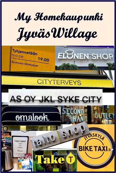 Jyväskylän kaupunkikuvassa näkyy lukuisia englannin ja suomen kieltä yhdisteleviä ilmaisuja. Virpi Kaartinen otsikoi kollaasinsa irvailevasti: ”My homekaupunki Jyväswillage”