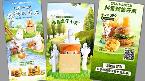 Ruutukaappauksia Kiinan KFC:n somekampanjasta, jossa käytetään Muumeja. “En ole virtahepo, olen Muumi”, sanoo yhdessä mainoksessa kalastava Muumipeikko.