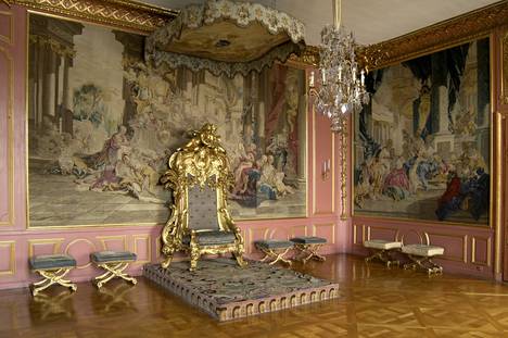 The representation rooms of the Royal Castle include the Loviisa Ulriika Audience Room with its woven wallpaper.  The throne dates from 1751.