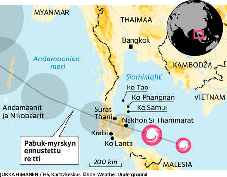 Pabuk-myrsky repii irti kattoja Thaimaan rannikolla, yksi kuollut – reitti  väistää lomasaaret, mutta turisteja on kehotettu pysymään sisällä -  Ulkomaat 
