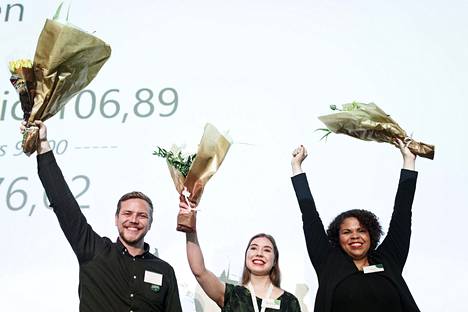 Jaakko Mustakallio, Riikka Karppinen ja Fatim Diarra valittiin vihreiden varapuheenjohtajiksi Porin puoluekokouksessa kesäkuussa.