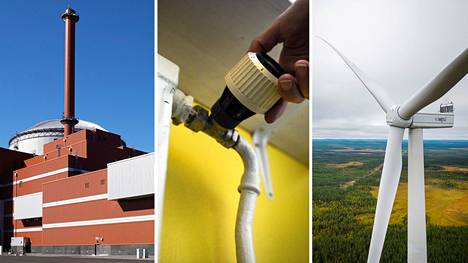 Suomessa sähkö on ollut selvästi kalliimpaa syksyllä Suomessa kuin Ruotsissa. Siihen vaikuttaa Ruotsin oma tuuli- ja vesivoimatuotanto. Kuvassa vasemmalla Olkiluoto 3:n ydinvoimala, oikealla tuulivoimala Nuolivaarassa Kemijärven ja Sallan kunnan alueella.