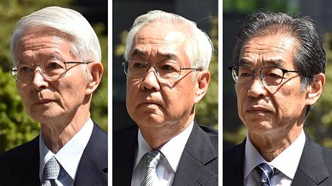 Entinen Tepcon hallituksen puheenjohtaja Tsunehisa Katsumata (vas.) sekä entiset varapuheenjohtajat Sakae Muto ja Ichiro Takekuro.