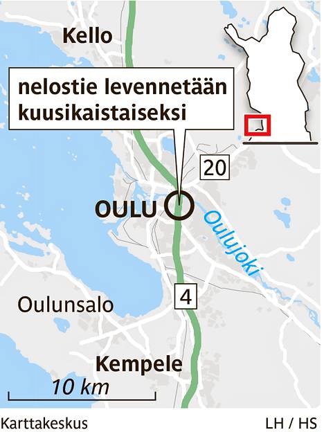 Nelostie levenee Oulun kohdalla kuusikaistaiseksi - Kotimaa 