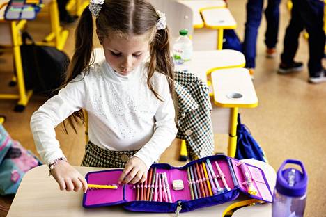 First grader Sofija organized her pencils in her pencil case on the first day of school.