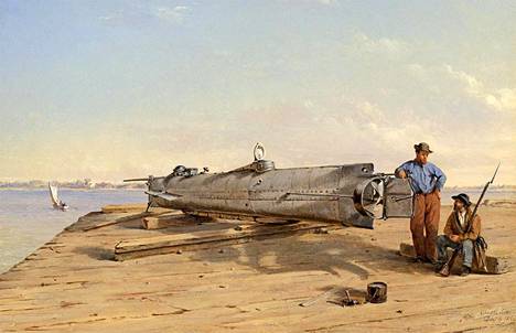 H. L. Hunley oli ensimmäinen sukellusvene, joka upotti toisen aluksen. Samalla se kuitenkin upposi myös itse miehistöineen 1864. Conrad Wise Chapmanin maalaus.