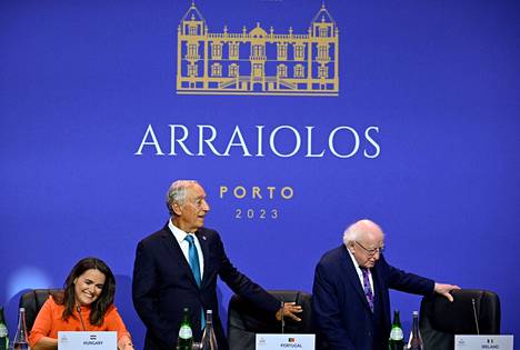 Portuguese President Marcelo Rebelo de Sousa pictured with Hungarian President Katalin Novak and Irish President Michael D. Higgins at a press conference in Porto.