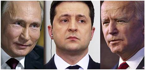 Venäjän presidentti Vladimir Putin (vas.), Ukrainan presidentti Volodymyr Zelenskyi ja Yhdysvaltain presidentti Joe Biden.