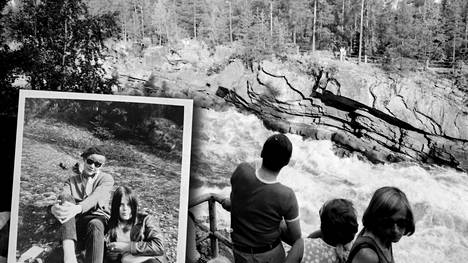 Kikka Hahtonen (pikkukuvassa vasemmalla) matkasi Imatralle 1960-luvun lopulla erikoisin seurauksin. Takana kaupungin nähtävyys, Imatrankoski, kuvattuna 1970-luvulla.