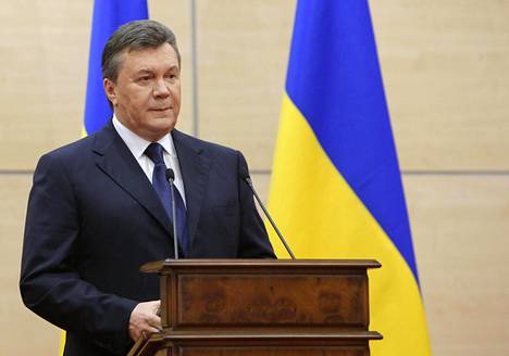 Ukrainan entinen presidentti Viktor Janukovytš esiintyi medialle Venäjällä 2014.